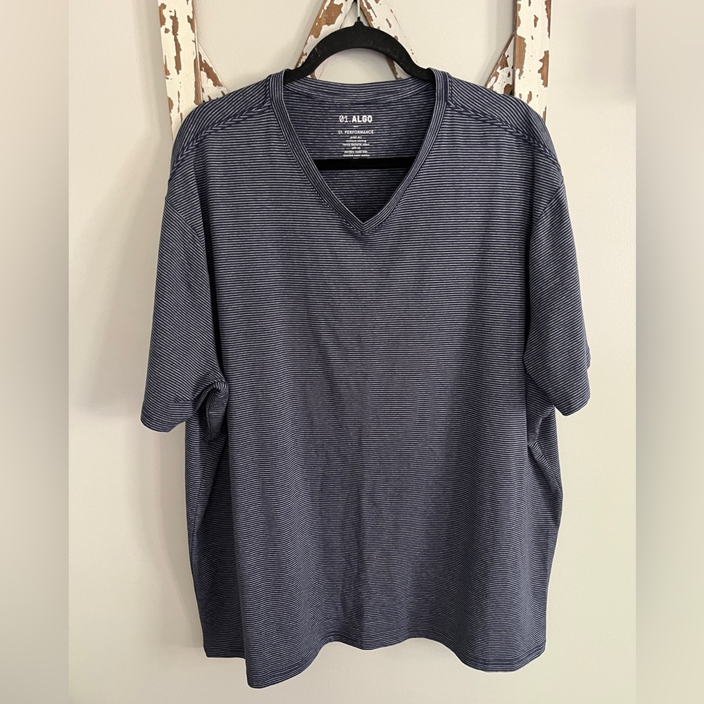 01.Algo Mens‎ Quick Dry Performance V-Neck Blue Stripe T-Shirt SPF 40 Size XXL